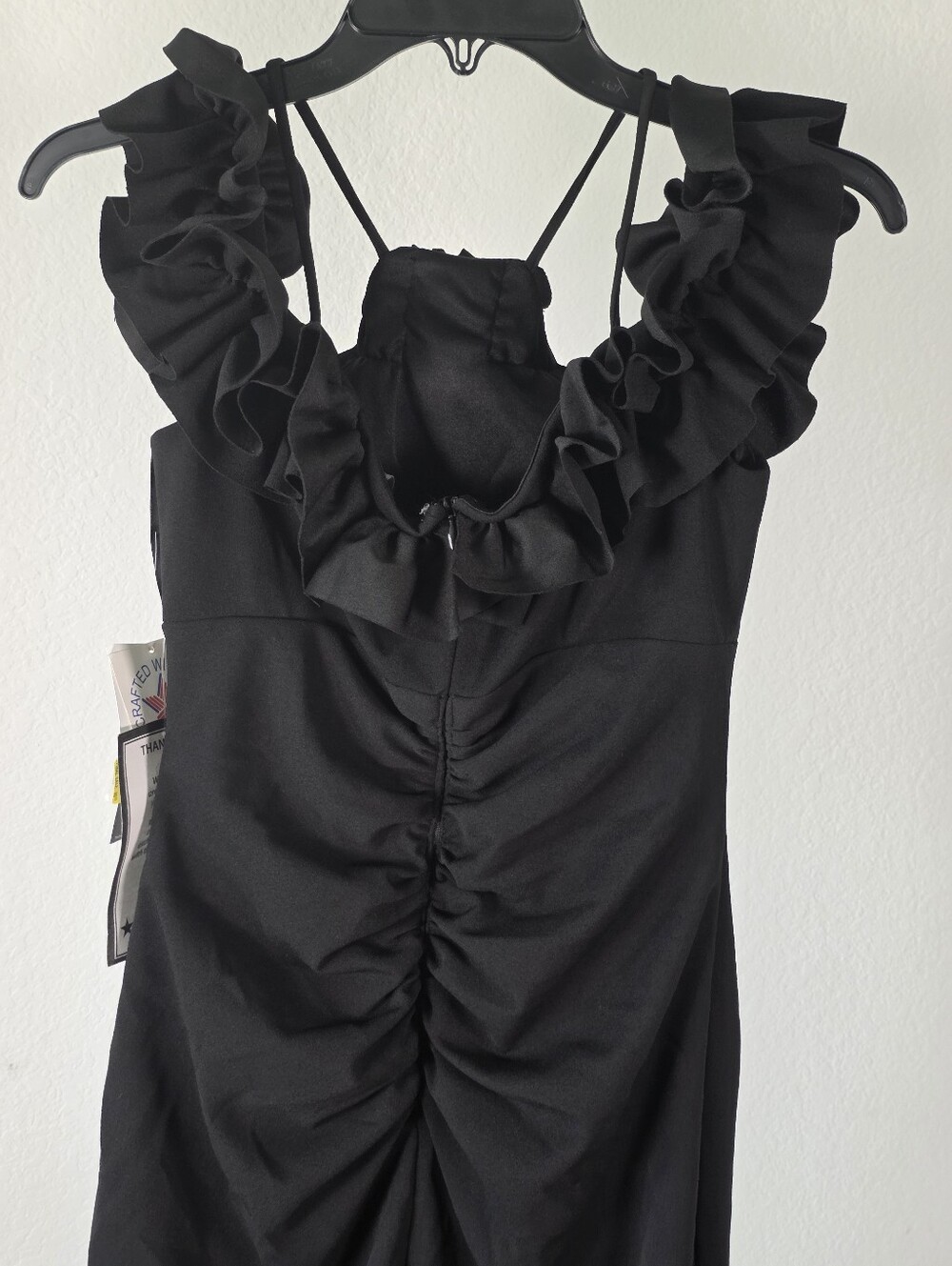 Xscape NWT Black Ruffle Strappy Ruched Cocktail Dress Size 8 $219 - Picture 9 of 11